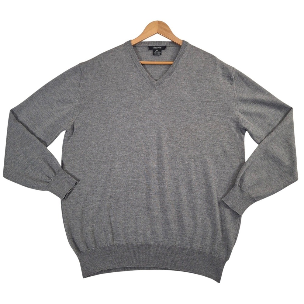 Giorgiolini V-Neck Sweater Mens XXL Gray 100% Extra fine Merino Wool Made Italy